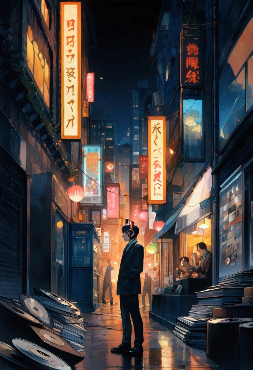 A boy wearing headphones and listening to music while wearing a suit, very detailed, dinner, sad mood, There is one building, night scenery, , 2d, (Shooting from a distance), wide shot, (noise in film), old cartoons, (Lots of records: 1.3), vinyl record store, (masterpiece, very high quality, very high quality, official art, beautifully、aesthetic: 1.2), (very detailed, (fractal art: 1.4 ), etc, (memo: 1.4), (lo-fi hip hop), side view, old animation texture, alone, Speaker, city pop