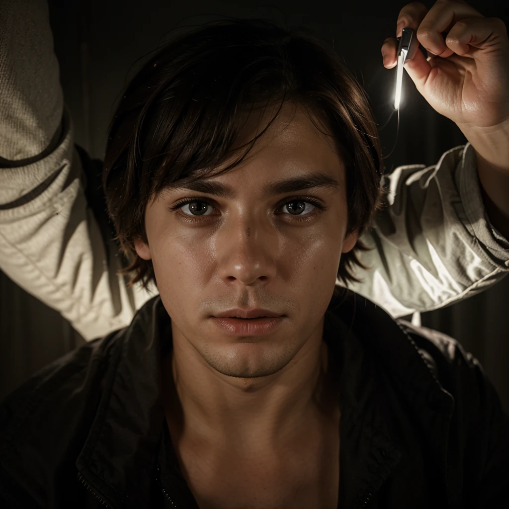make me a scared young man with a flashlight