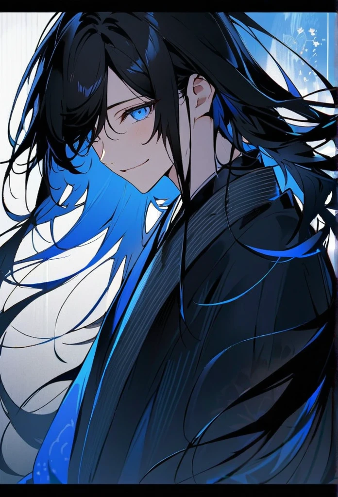 Japanese。male。Sharp Eye。Very long black hair。Plain blue kimono(Dressed in kimono)。A strong wind blows my hair back。Cover your eyes with hair。The background is blue light。Stand up straight。An illustration。picture。Smile a little。Robust。