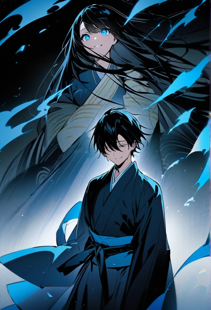 Japanese。male。Sharp Eye。Very long black hair。Plain blue kimono(Dressed in kimono)。A strong wind blows my hair back。Cover your eyes with hair。The background is blue light。Stand up straight。An illustration。picture。Smile a little。Robust。