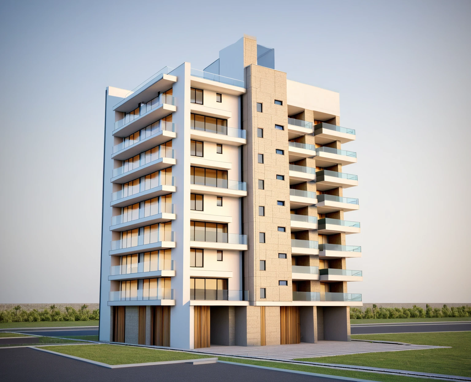 arafed view of a tall building with balconies and balconies, full building, building facing, pre-rendered, perspective view, mid-view, complex 3 d render, complex 3d render, rendered, front-view, elevation view, 3d rendering, 3 d rendering, architectural 3 d render, architectural render, architecture render, mantra rendering