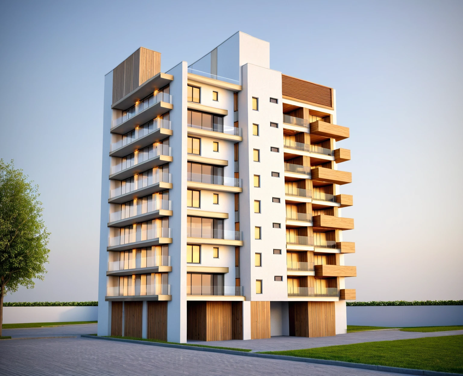 arafed view of a tall building with balconies and balconies, full building, building facing, pre-rendered, perspective view, mid-view, complex 3 d render, complex 3d render, rendered, front-view, elevation view, 3d rendering, 3 d rendering, architectural 3 d render, architectural render, architecture render, mantra rendering