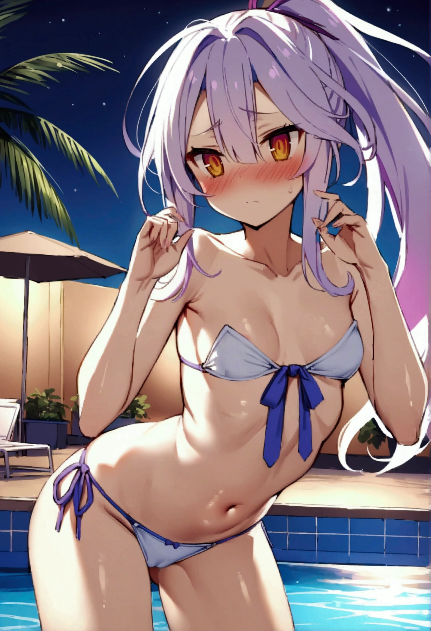 NSFW,masterpiece,Highest quality,High resolution,Very detailed,white\(no game No life\),Small breasts,ponytail,Strapless ribbon bikini top,Tie side bikini bottom,Pool at night,Beach parasol,Dissatisfied face,blush,Sexy pose,Nampa