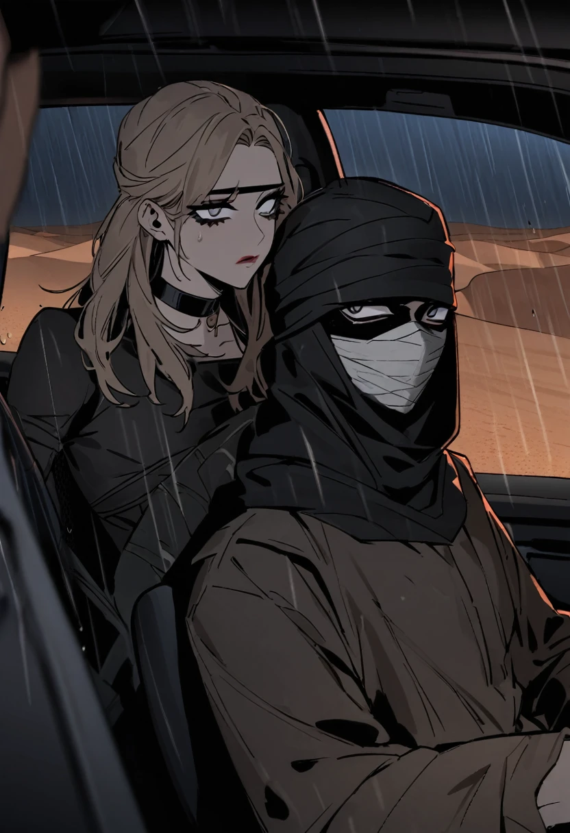 Male arab modern terrorist, terrorist, black balaclava, black bandage, white eyes, black clothes, thin waist, femboy, light skin, makeup, black eyeliner, big eyelashes, black eyeshadow, choker, inside the car, desert, night, rain, hetero duo, 1girl, brown long hair girl, girl without a mask, makeup