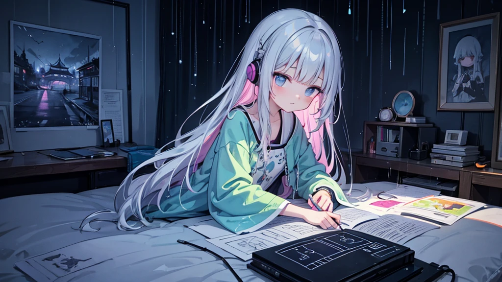 European hippie girl meditating in her room, dream, Please wear headphones., night light, Neon landscape on a rainy day, Analog color theme, Lo-Fi Hip Hop , retrospective exhibition, flat, 2.5D ,Draw a line, ink painting, Osaka Road, Watercolor painting, gouche paint, Studio Ghibli Style, Very bright colors, Outerton, Kraut Lock, Lofiato, 70's style,Old meat, Amplitude,Psychedelic atmosphere, Masterpiece, Amazing technology,