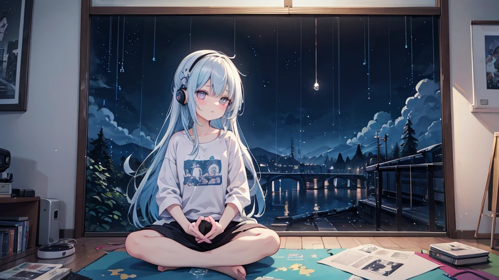 European hippie girl meditating in her room, dream, Please wear headphones., night light, Neon landscape on a rainy day, Analog color theme, Lo-Fi Hip Hop , retrospective exhibition, flat, 2.5D ,Draw a line, ink painting, Osaka Road, Watercolor painting, gouche paint, Studio Ghibli Style, Very bright colors, Outerton, Kraut Lock, Lofiato, 70&#39;s style,Old meat, Amplitude,Psychedelic atmosphere, Masterpiece, Amazing technology,