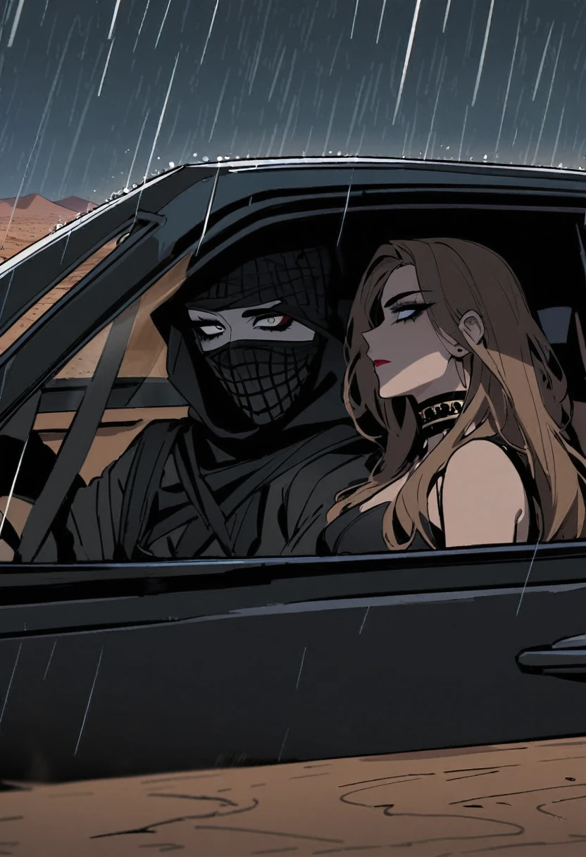 Male arab modern terrorist, terrorist, black balaclava, black bandage, white  eyes, black clothes, thin waist, femboy, light skin, makeup, black eyeliner, big eyelashes, black eyeshadow, choker, inside the car, desert, night, rain, duo, 1girl, brown long hair girl, girl without a mask, makeup