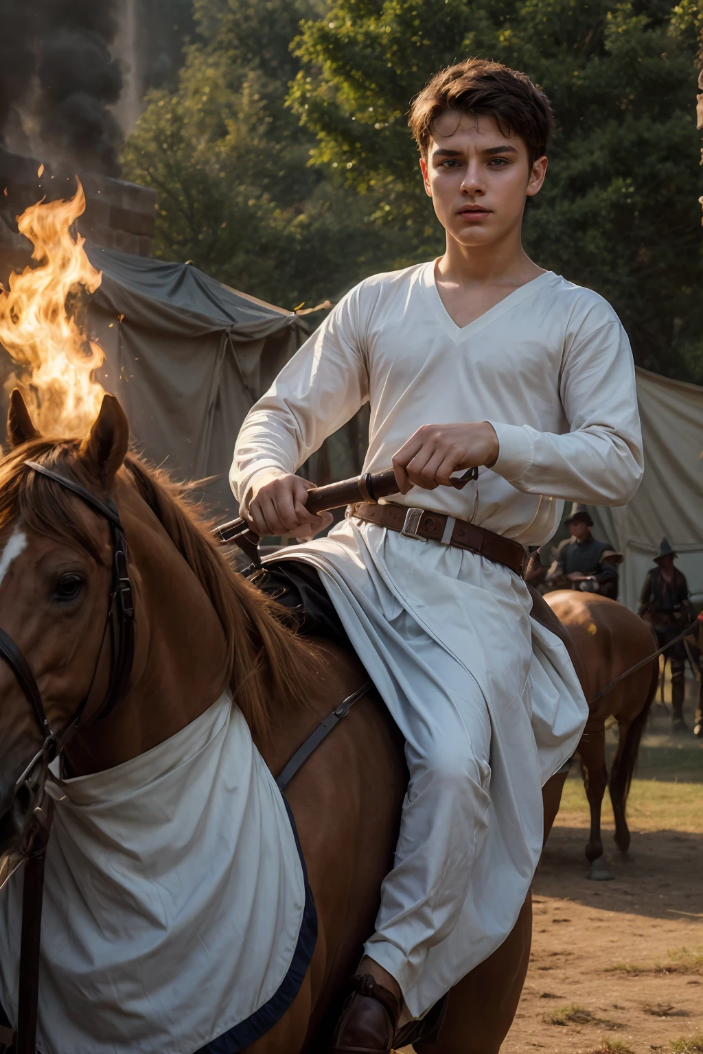 A young male twink, 18 years old, with a cute, angelic face, with makeup and black hair, wearing a medieval shirt with ties, a v-neck, and long sleeves, the color aquamarine, and white medieval pants. He is on the battlefield, riding on a horse, as if the horse is galloping.  He is holding a sword up and his shield in his other hand, and behind him are tents burning with flames of fire, and he looks angrily.