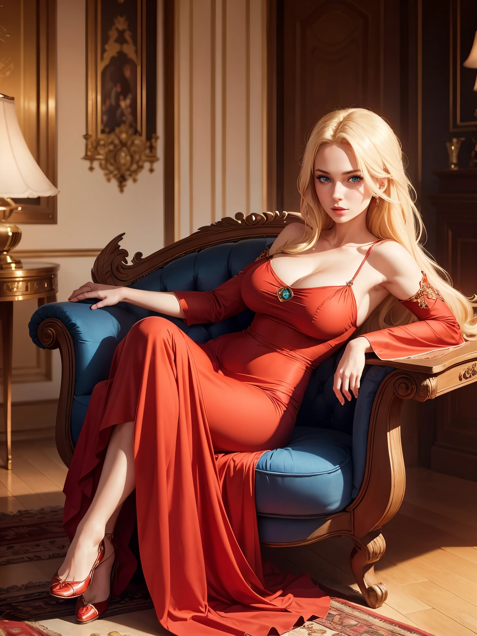 Blonde woman, twenty eight years old, blue eyes, wearing red long dress, beautiful long dress, sitting on a chair in a exquisite room, fantasy world, strong body, big tits