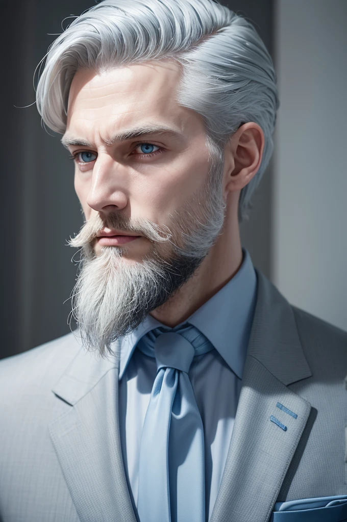Tall pale man, gray hair, long nose, light blue eyes, sharp fingernails, light blue suit, monoselha, beard on the chin and sides of the face