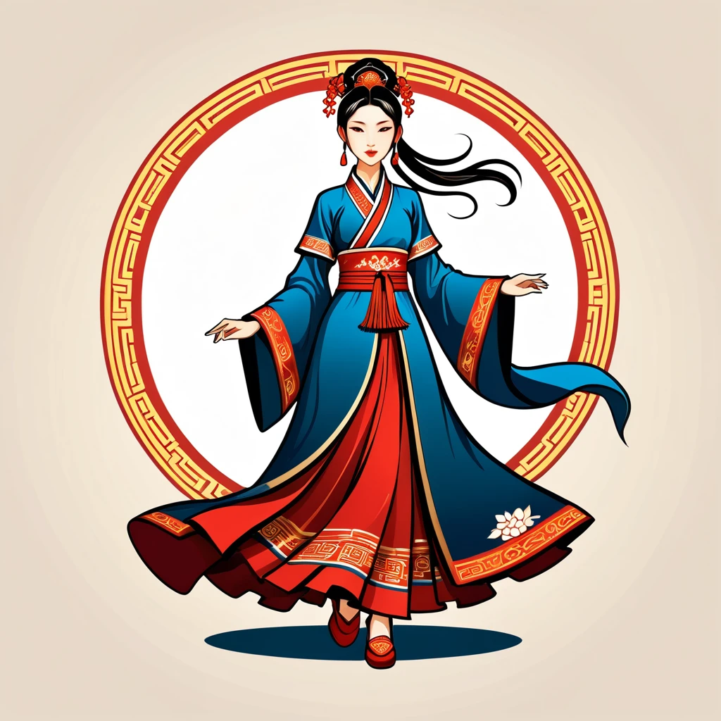 female mage in chinese folk outfit, vector graphics, strong contours, logo design