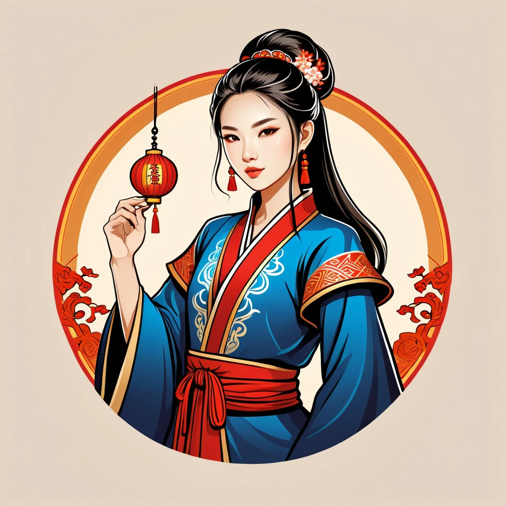 female mage in chinese folk outfit, vector graphics, strong contours, logo design
