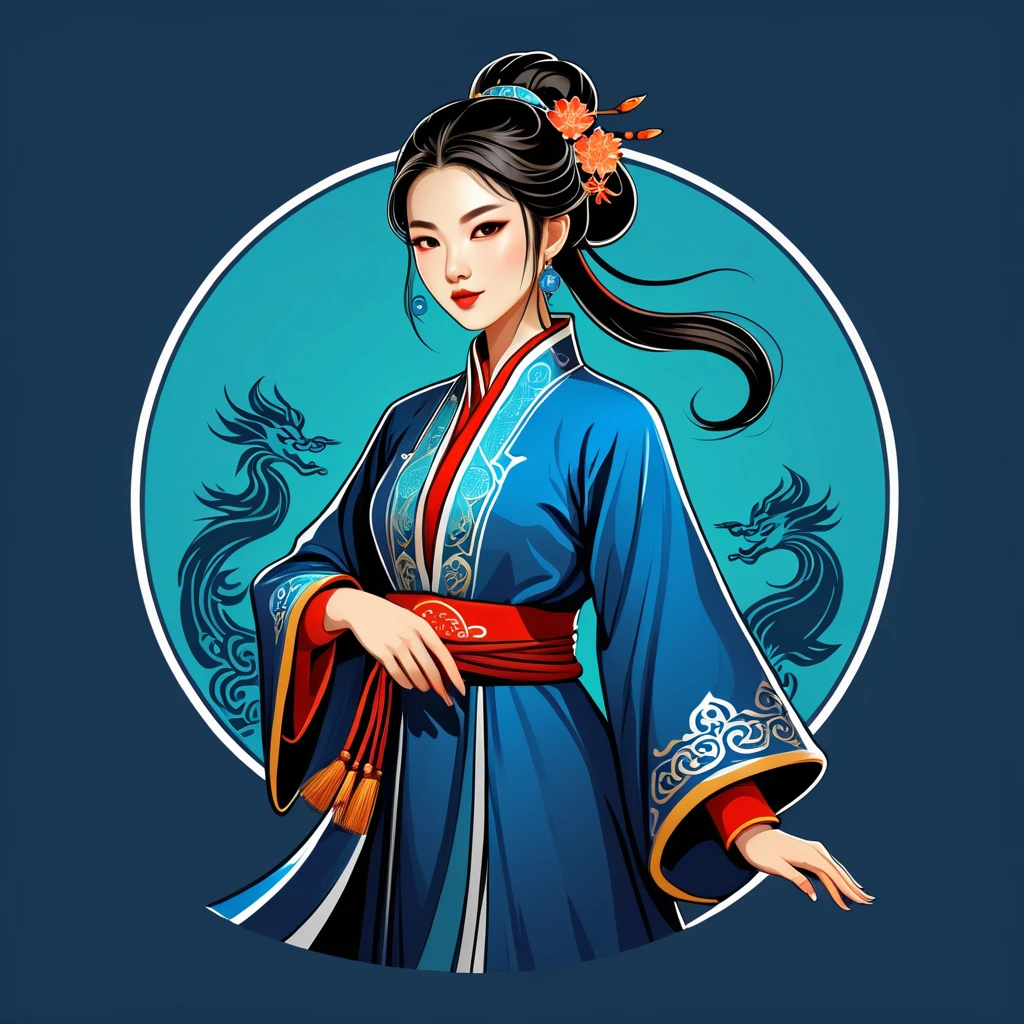 female mage in chinese folk outfit, vector graphics, strong contours, logo design