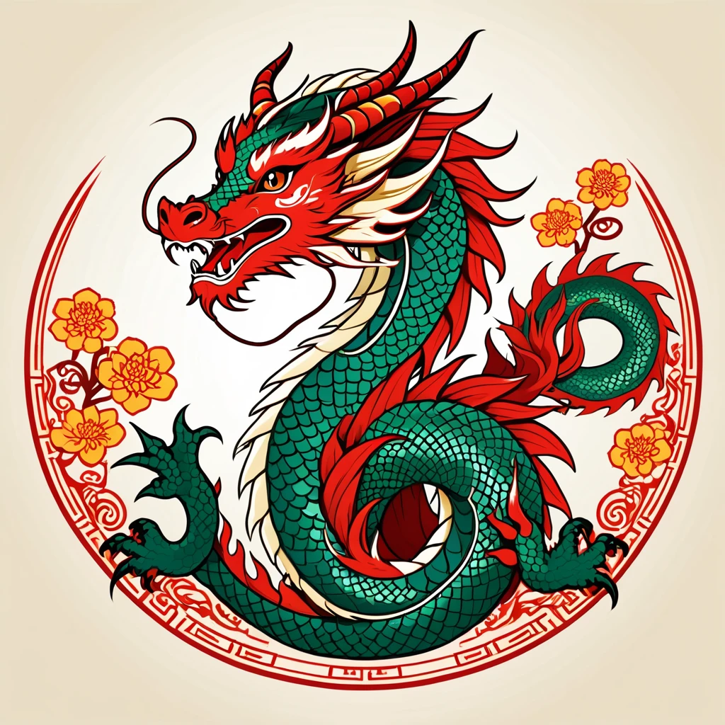 female dragon in chinese folk outfit, vector graphics, strong contours, logo design
