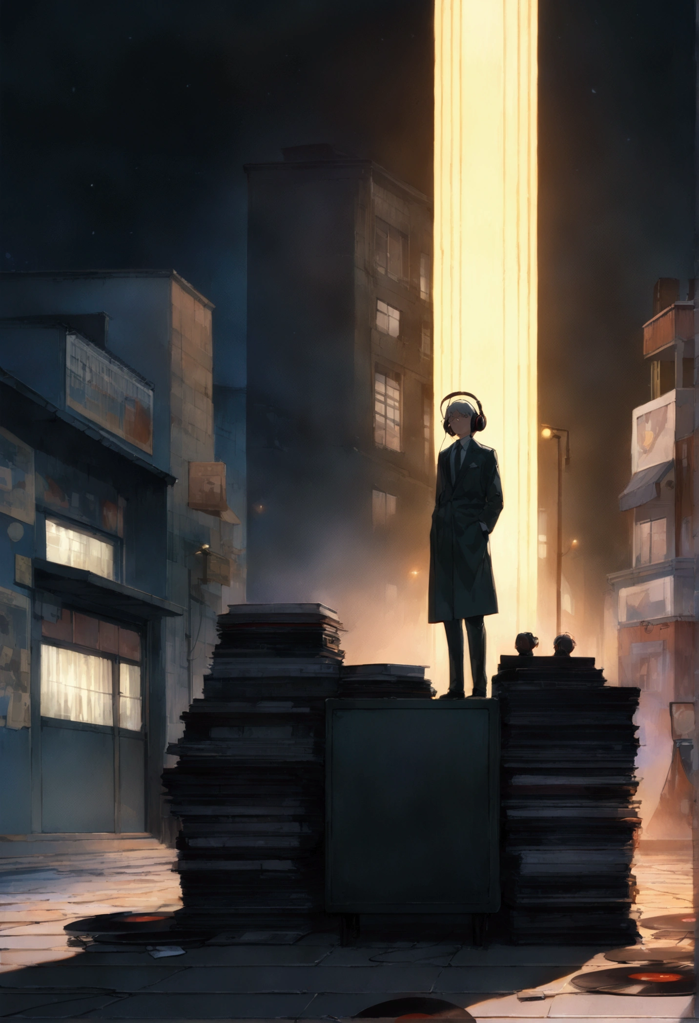 A boy wearing headphones and listening to music while wearing a suit, very detailed, dinner, sad mood, There is one building, night scenery, , 2d, (Shooting from a distance), wide shot, (noise in film), old cartoons, (Lots of records: 1.3), vinyl record store, (masterpiece, very high quality, very high quality, official art, beautifully、aesthetic: 1.2), (very detailed, (fractal art: 1.4 ), etc, (memo: 1.4), (lo-fi hip hop), side view, old animation texture, alone, Speaker, front view figure