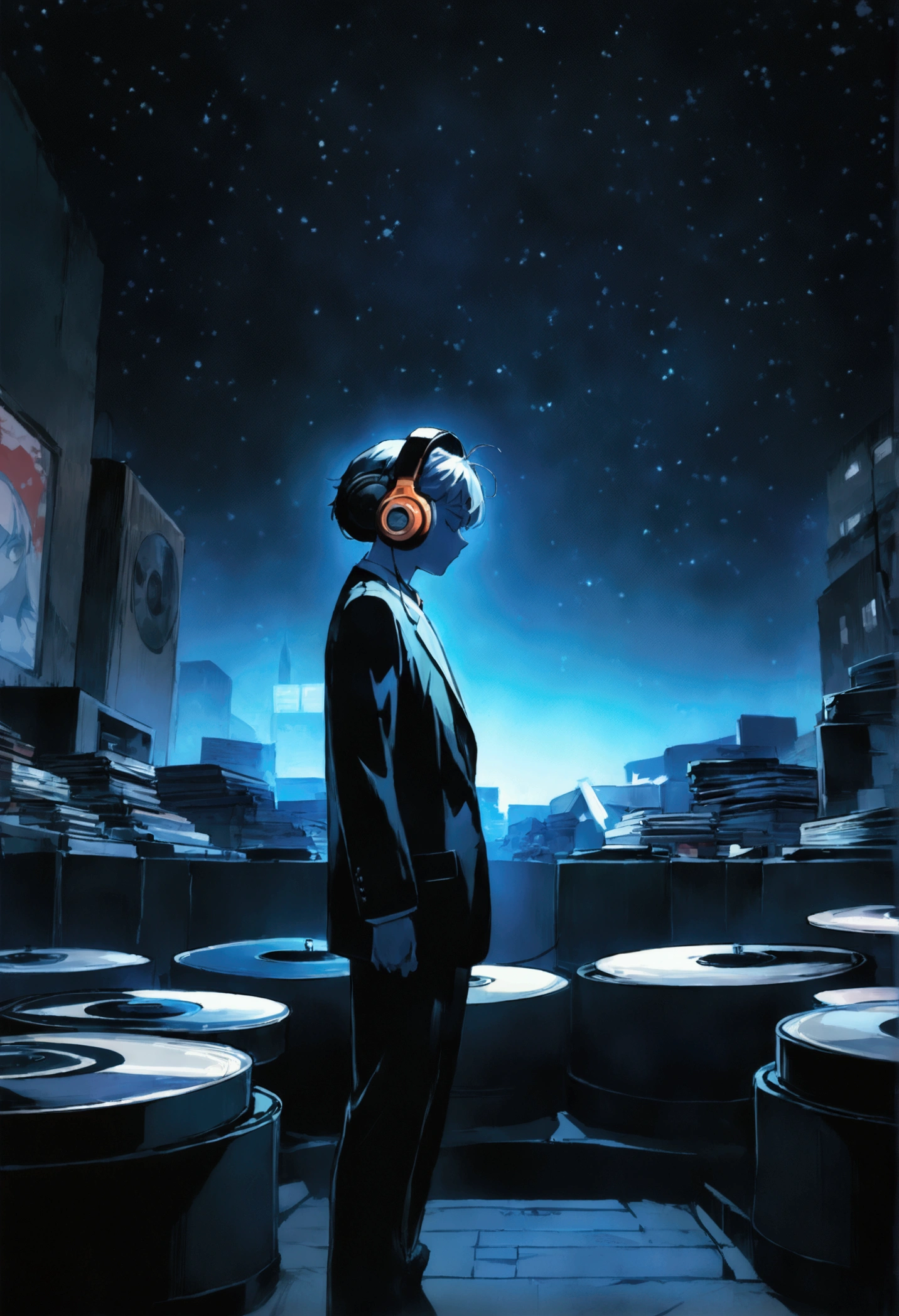 A boy wearing headphones and listening to music while wearing a suit, very detailed, dinner, sad mood, There is one building, night scenery, , 2d, (Shooting from a distance), wide shot, (noise in film), old cartoons, (Lots of records: 1.3), vinyl record store, (masterpiece, very high quality, very high quality, official art, beautifully、aesthetic: 1.2), (very detailed, (fractal art: 1.4 ), etc, (memo: 1.4), (lo-fi hip hop), side view, old animation texture, alone, Speaker, front view figure