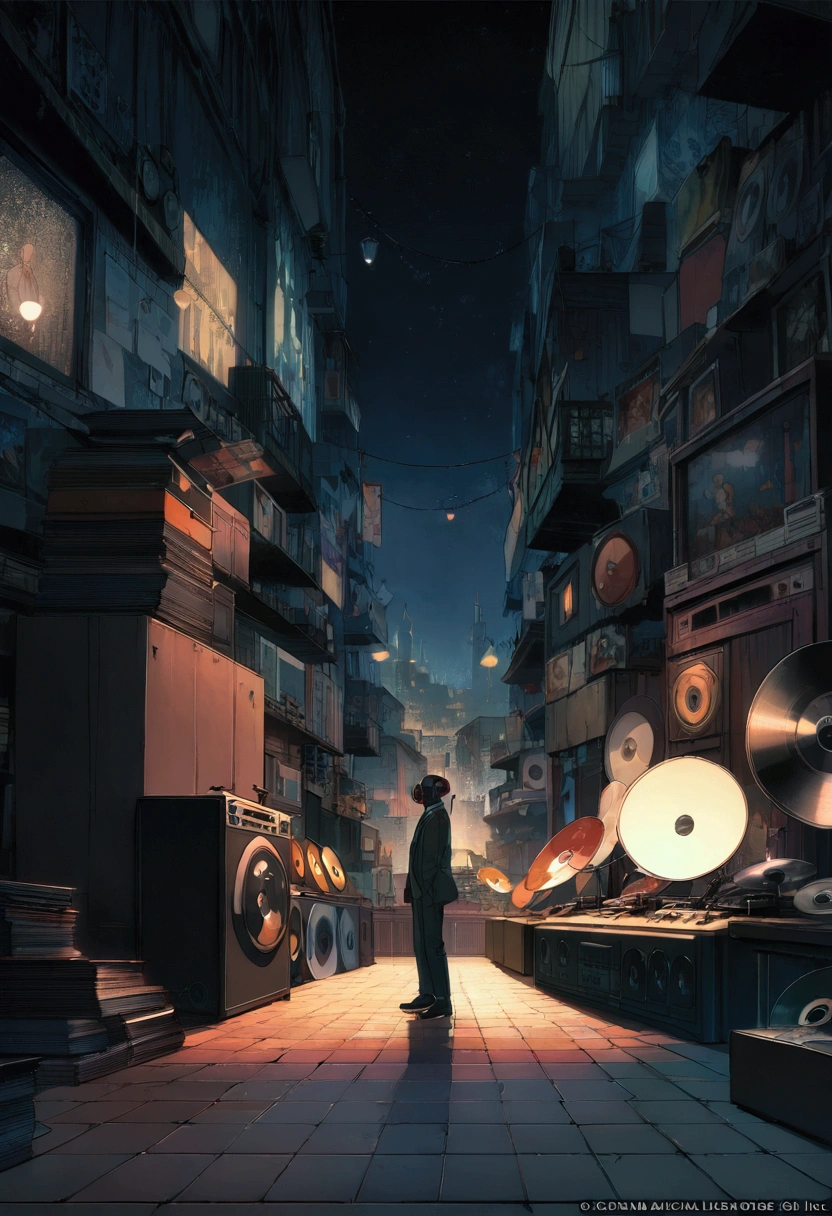 A boy wearing headphones and listening to music while wearing a suit, very detailed, dinner, sad mood, There is one building, night scenery, , 2d, (Shooting from a distance), wide shot, (noise in film), old cartoons, (Lots of records: 1.3), vinyl record store, (masterpiece, very high quality, very high quality, official art, beautifully、aesthetic: 1.2), (very detailed, (fractal art: 1.4 ), etc, (memo: 1.4), (lo-fi hip hop), side view, old animation texture, alone, Speaker, front view figure