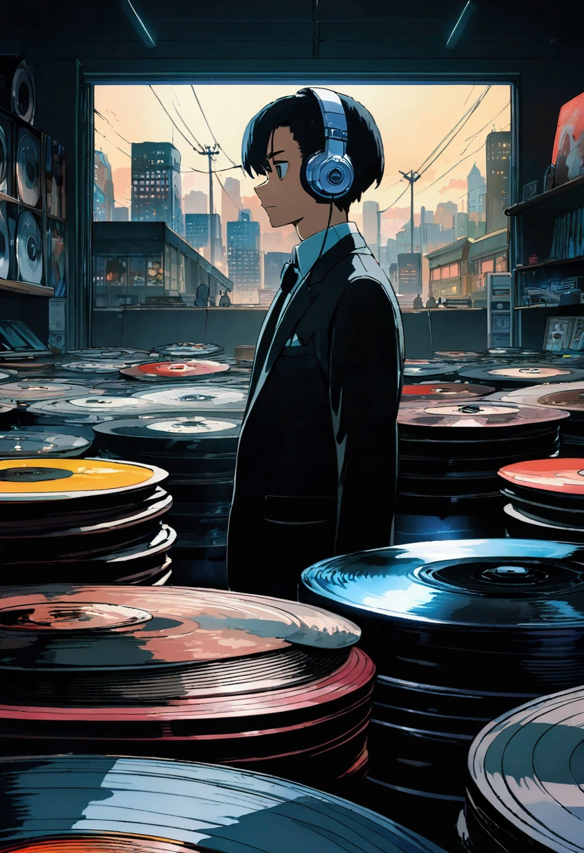 A boy wearing headphones and listening to music while wearing a suit, very detailed, dinner, sad mood, There is one building, night scenery, , 2d, (Shooting from a distance), wide shot, (noise in film), old cartoons, (Lots of records: 1.3), vinyl record store, (masterpiece, very high quality, very high quality, official art, beautifully、aesthetic: 1.2), (very detailed, (fractal art: 1.4 ), etc, (memo: 1.4), (lo-fi hip hop), side view, old animation texture, alone, Speaker, front view figure