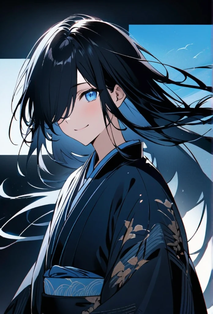 Japanese。male。Sharp Eye。Very long black hair。Plain blue kimono(Dressed in kimono)。A strong wind blows my hair back。Cover your eyes with hair。The background is blue light。Stand up straight。An illustration。picture。Smile a little。Robust。