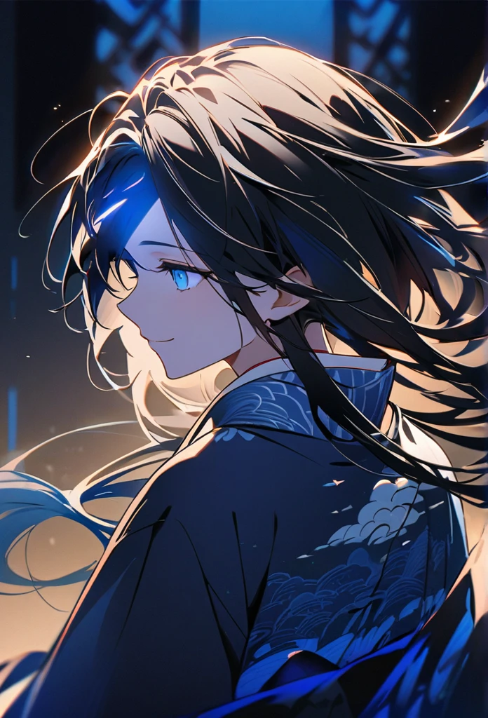 Japanese。male。Sharp Eye。Very long black hair。Plain blue kimono(Dressed in kimono)。A strong wind blows my hair back。Cover your eyes with hair。The background is blue light。Stand up straight。An illustration。picture。Smile a little。Robust。
