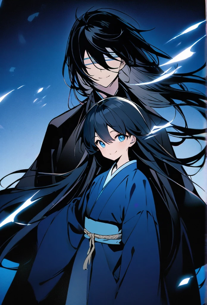 Japanese。male。Sharp Eye。Very long black hair。Plain blue kimono(Dressed in kimono)。A strong wind blows my hair back。Cover your eyes with hair。The background is blue light。Stand up straight。An illustration。picture。Smile a little。Robust。
