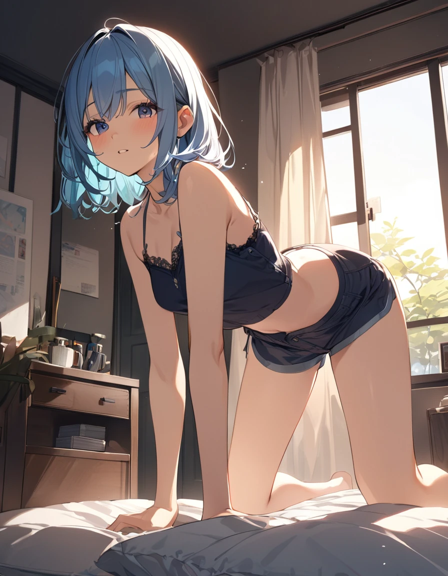 (Top quality illustrations:1.2), (pretty girl:1.1), (1 girl、、Top quality illustrations:1.2), (1 girl、Beautiful breasts、Highly detailed eyes:1.2)、Bright blue hair、Short Bob Hair、 {Camisole dress}, Medium chest、Cowboy Shot、Morning bedroom、On the bed, On all fours、from behind, hip focus, looking around
