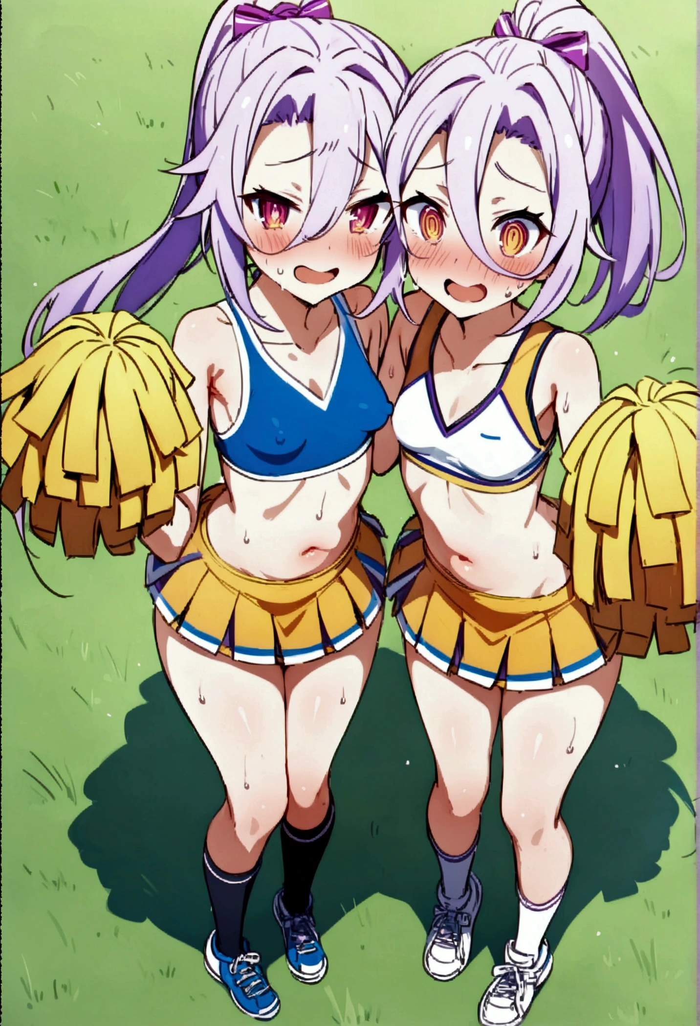 NSFW,masterpiece,Highest quality,High resolution,Very detailed,white\(no game No life\),Small breasts,ponytail,(Cheerleader),Tank top,Crop top,mini skirt,Knee-high socks,sports boots,School,Ground,Excited face,blush,Sweat