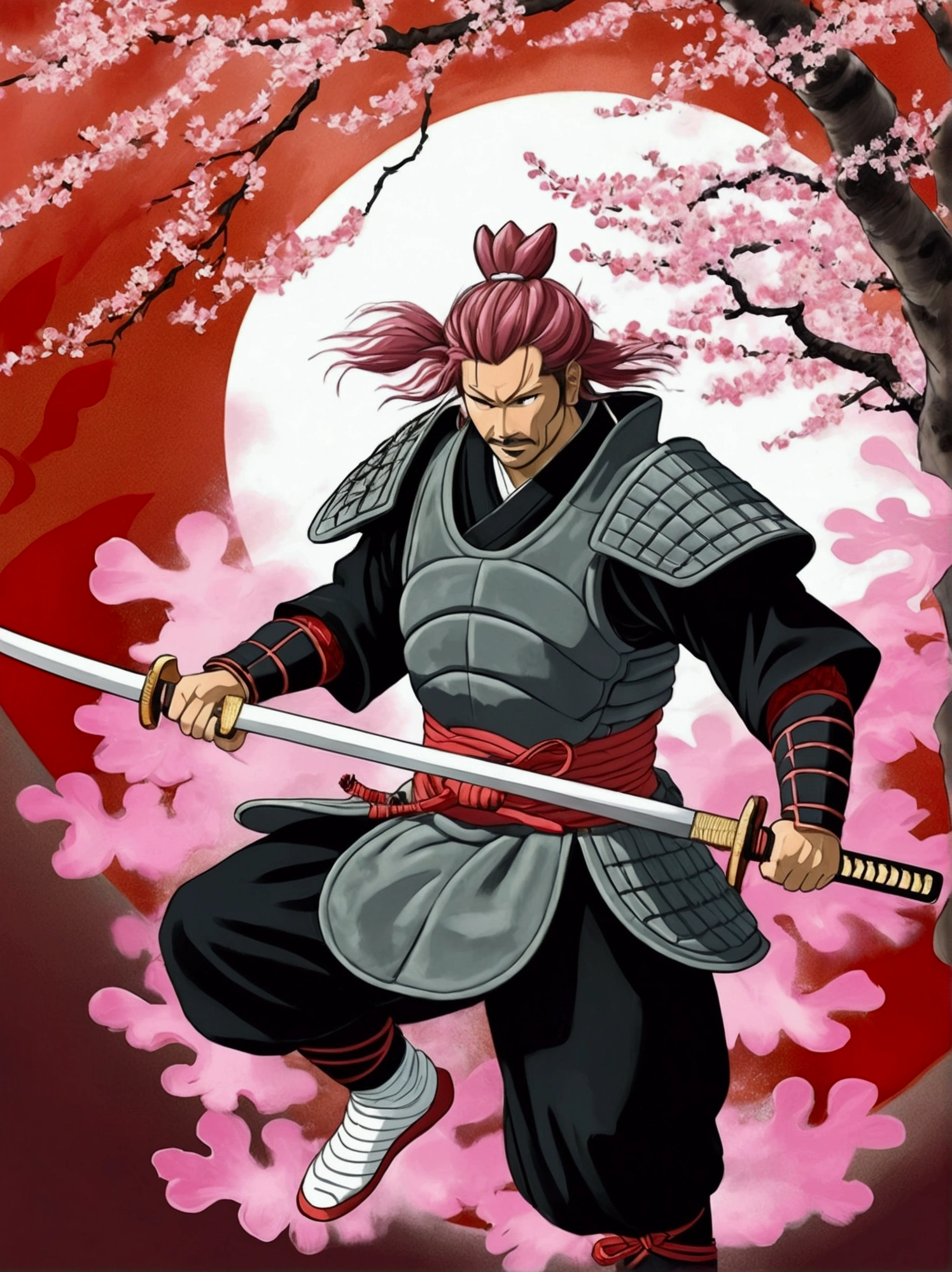 (Best Quality,High resolution:1.2),ultra detailed,Traditional Japanese samurai armor,guerrero,stoic expression,Serious,swordsmanship,Classic katana,samurai code of honor,sacred devotion,Falling cherry blossom petals,Ancient cherry blossom tree,authentic japanese landscape,peaceful temple in the distance,Subtle light and shadow,sublime art,Brushstrokes,deep black ink wash,Inspired by manga,traditional woodblock print style,vibrant colors,delicate lines,light smell of incense,serene atmosphere