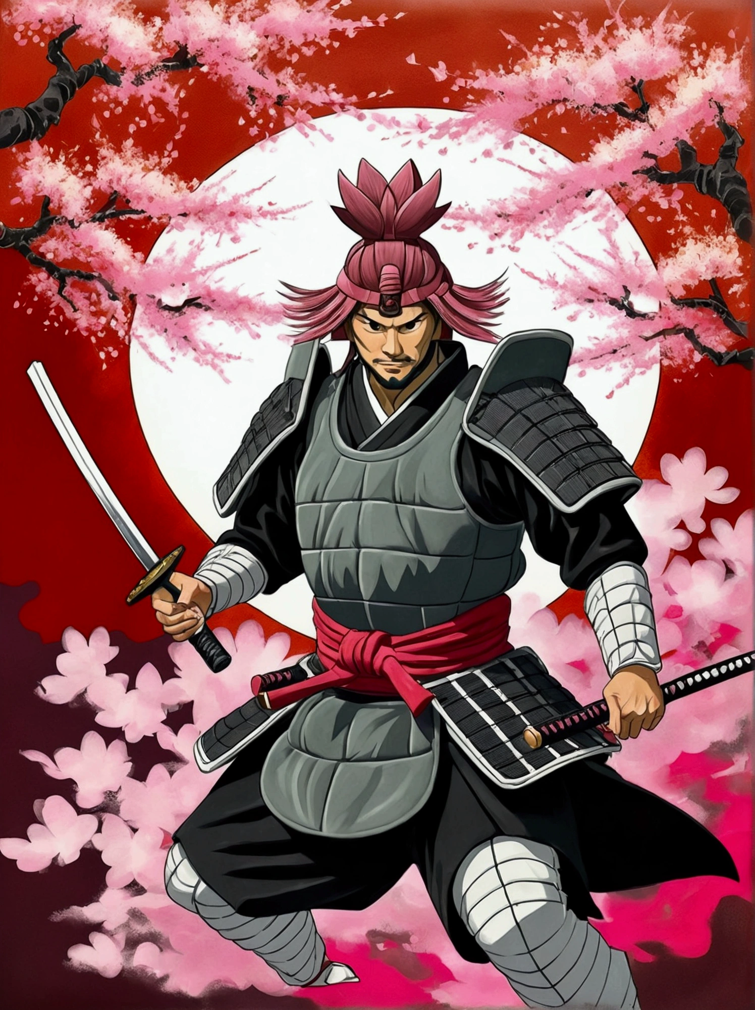 (Best Quality,High resolution:1.2),ultra detailed,Traditional Japanese samurai armor,guerrero,stoic expression,Serious,swordsmanship,Classic katana,samurai code of honor,sacred devotion,Falling cherry blossom petals,Ancient cherry blossom tree,authentic japanese landscape,peaceful temple in the distance,Subtle light and shadow,sublime art,Brushstrokes,deep black ink wash,Inspired by manga,traditional woodblock print style,vibrant colors,delicate lines,light smell of incense,serene atmosphere