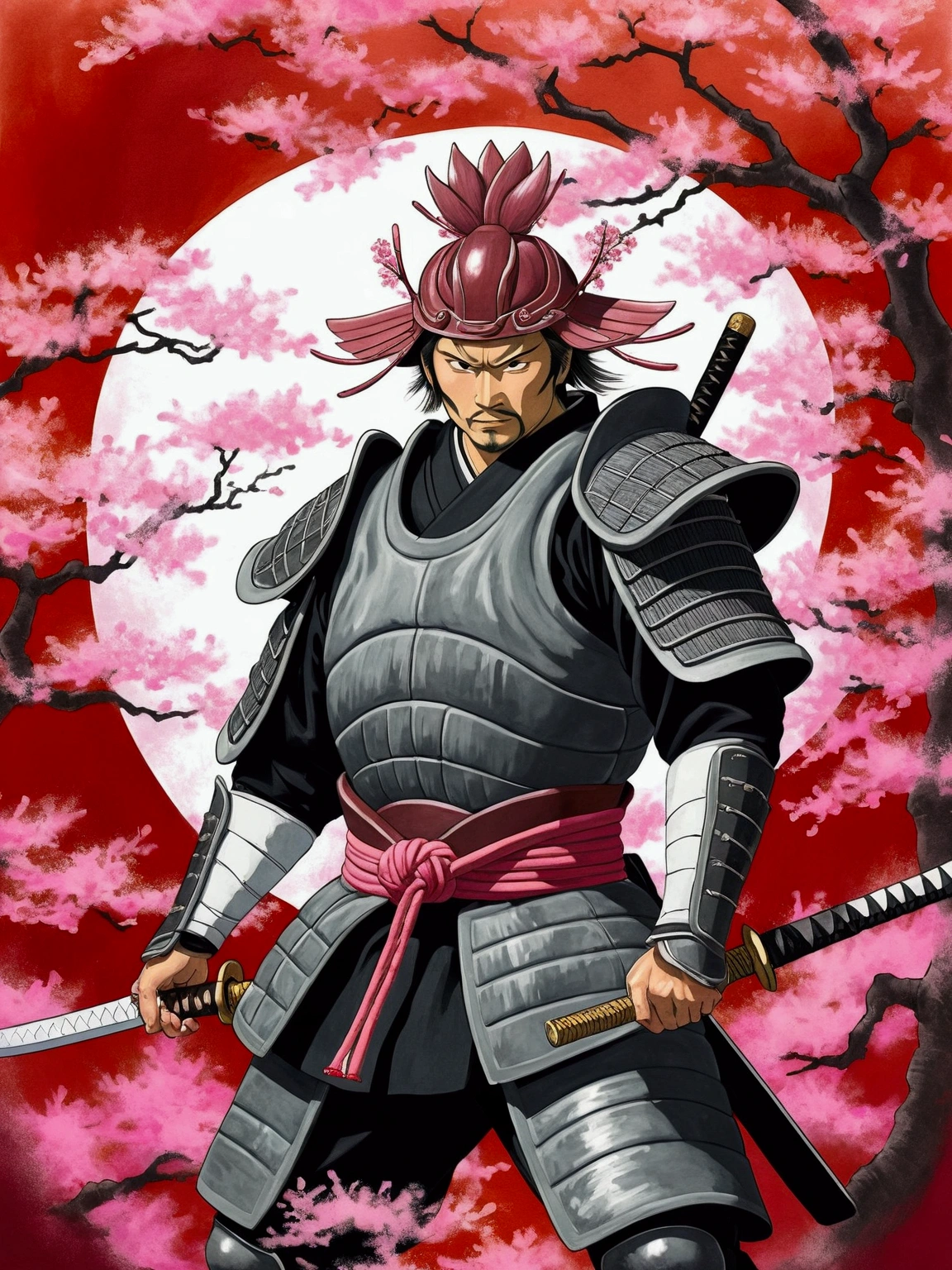 (Best Quality,High resolution:1.2),ultra detailed,Traditional Japanese samurai armor,guerrero,stoic expression,Serious,swordsmanship,Classic katana,samurai code of honor,sacred devotion,Falling cherry blossom petals,Ancient cherry blossom tree,authentic japanese landscape,peaceful temple in the distance,Subtle light and shadow,sublime art,Brushstrokes,deep black ink wash,Inspired by manga,traditional woodblock print style,vibrant colors,delicate lines,light smell of incense,serene atmosphere
