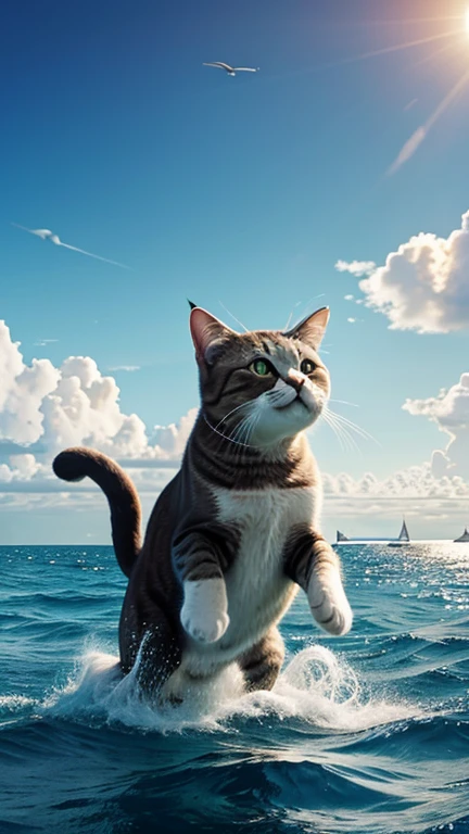 Hyper-realistic digital painting of a giant cat frolicking in the ocean, its enormous paws creating massive splashes as it plays. The cat's joyful expression and playful movements are contrasted with the vast expanse of the sea and sky. Sailboats and marine life, like dolphins and whales, surround the cat, adding to the sense of scale and wonder. The scene captures the fun and excitement of a playful giant cat in a beautiful ocean setting. Cinematic composition, trending on ArtStation.