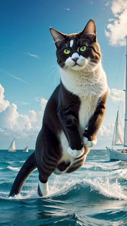 Hyper-realistic digital painting of a giant cat frolicking in the ocean, its enormous paws creating massive splashes as it plays. The cat's joyful expression and playful movements are contrasted with the vast expanse of the sea and sky. Sailboats and marine life, like dolphins and whales, surround the cat, adding to the sense of scale and wonder. The scene captures the fun and excitement of a playful giant cat in a beautiful ocean setting. Cinematic composition, trending on ArtStation.