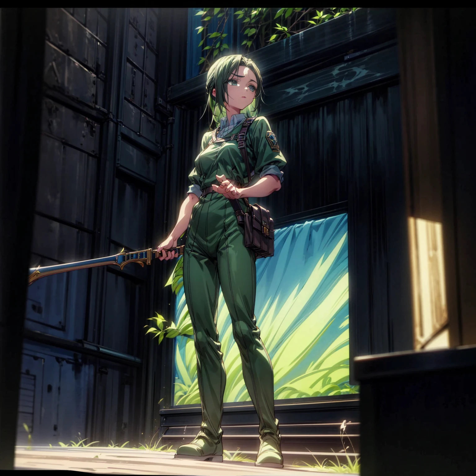 1girl, Full body version, 1character, green eyes, long haircut, skyblue color hair, soldier style clothing, black color clothing, boots, Grassroots, background in city street, motion blur, lighting, (detective conan style art), standing gesture, shotgun in hand 