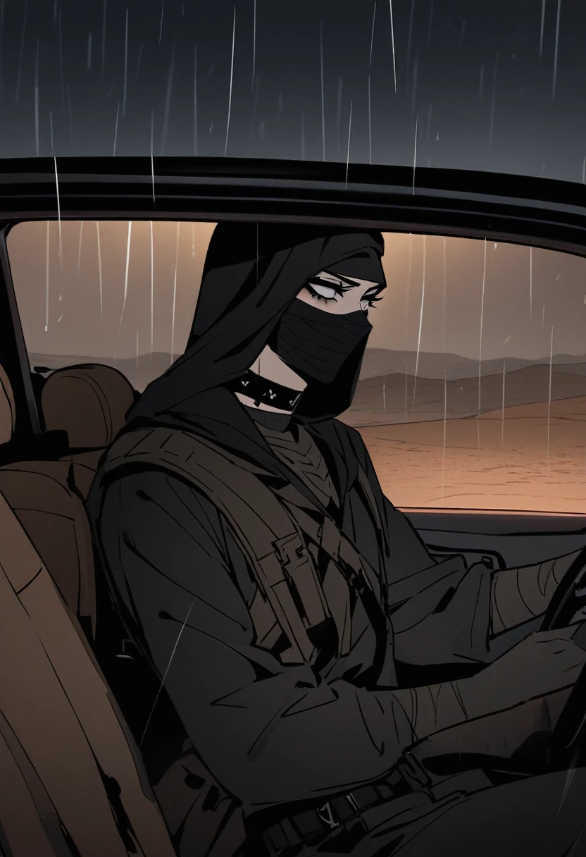 Male arab modern terrorist, terrorist, black balaclava, black bandage, white  eyes, black clothes, thin waist, femboy, light skin, makeup, black eyeliner, big eyelashes, black eyeshadow, choker, inside the car, desert, night, rain, hetero duo, 1girl, brown long hair girl, girl without a mask, makeup, she sits on him