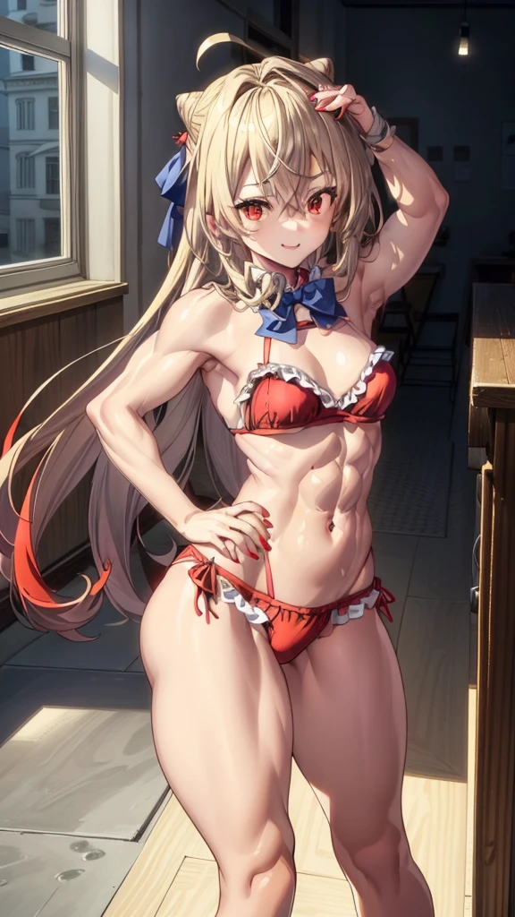 (((1 lolita girl))), when he plows, (Red eyes: 1.5), blond hair, Long hair, conical hair bun, hair ornament, hair shots, Ahoge, fringe, blue bow tie, (Wearing a very sexy and short red bikini), has, (muscular belly), muscular abs, Wide hips, Thin waist, small breasts, (((posing sexy))), wearing black heels, (((standing)) ), {{{Full body photo}}}, Cheerful and funny, REST looking at the viewer , breaking and entering, classroom, interval (masterpiece: 1.2), Best Quality, highest resolution, unity wallpaper 8k, (illustration: 0.8), (beautiful detailed eyes: 1, 6), extremely detailed face, perfect lighting, Extremely detailed CG, (perfect red nails, perfect anatomy), {anatomically correct}