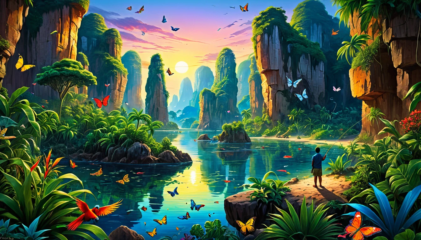 Create a surreal landscape where natural elements mix with fantastic aspects. Include a human figure involved in fishing, no face showing, and add vibrant wildlife, like parrots and butterflies. Furthermore, incorporate rock formations that resemble human faces amidst lush vegetation, under hot lighting conditions, suggesting dusk or dawn.