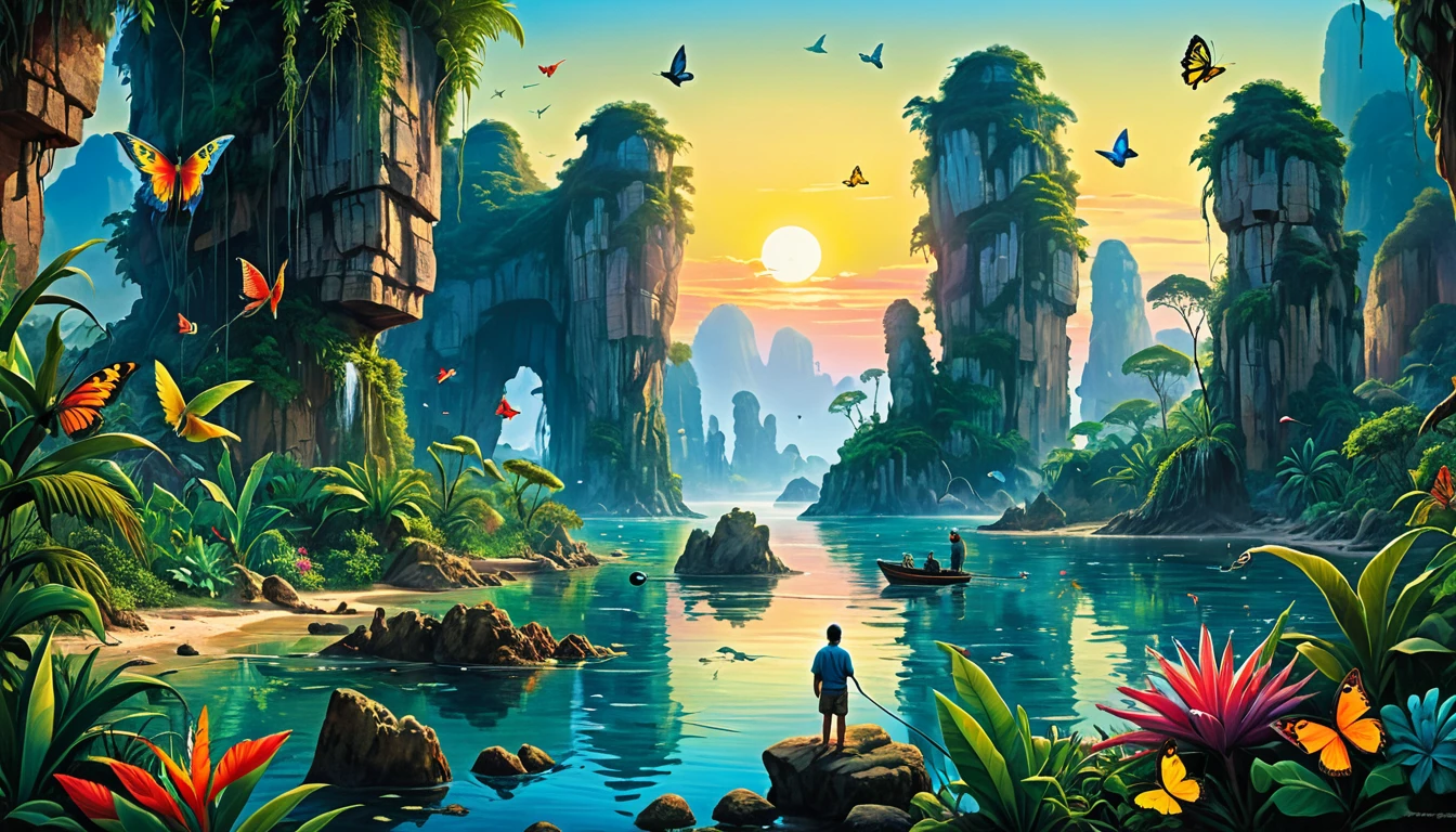 Create a surreal landscape where natural elements mix with fantastic aspects. Include a human figure involved in fishing, no face showing, and add vibrant wildlife, like parrots and butterflies. Furthermore, incorporate rock formations that resemble human faces amidst lush vegetation, under hot lighting conditions, suggesting dusk or dawn.