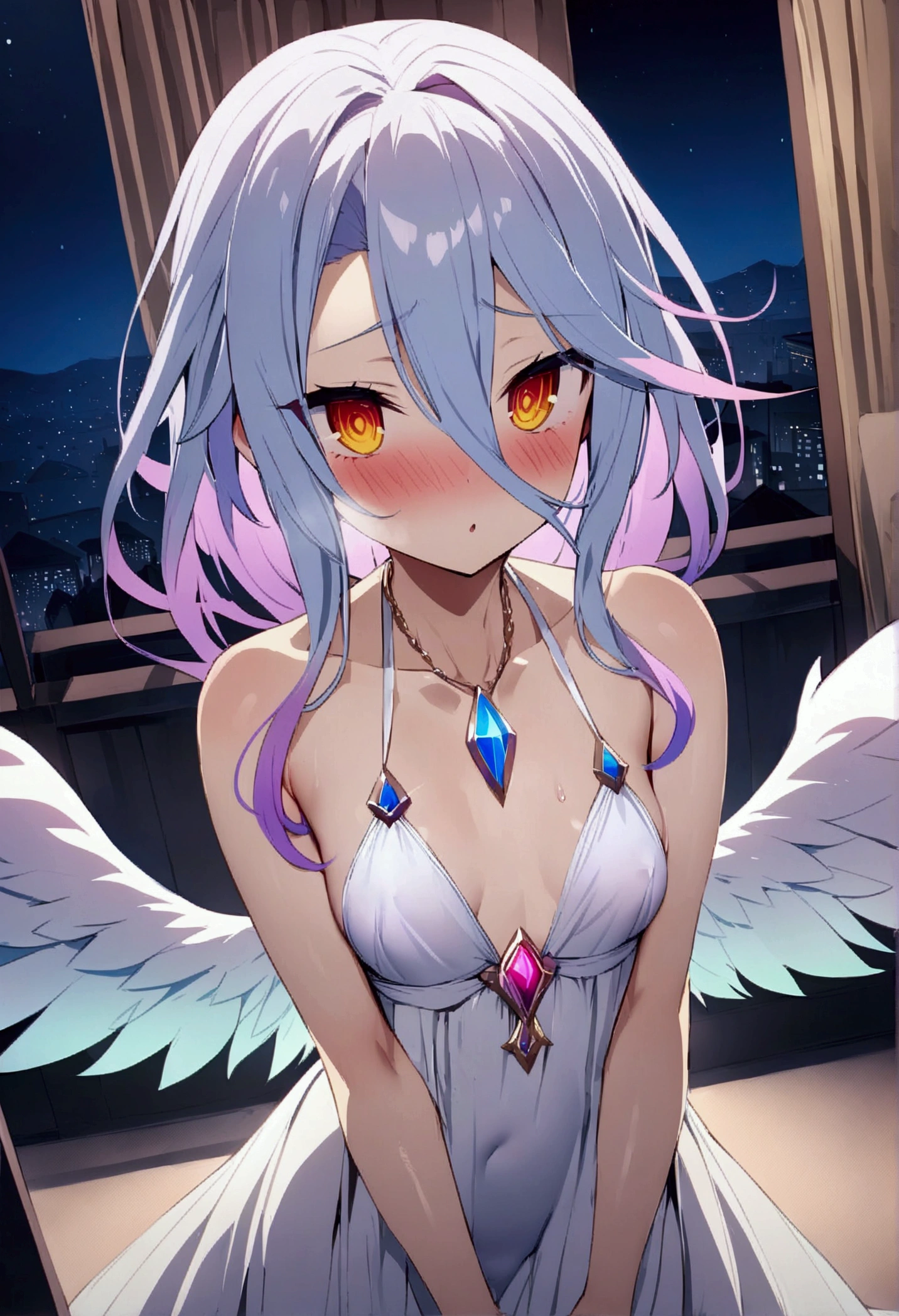 NSFW,masterpiece,Highest quality,High resolution,Very detailed,white\(no game No life\),Small breasts,Angel,Angelの羽,High-quality dress,Halter neck,gem,expectant face,blush,Seduce,Hotel town at night