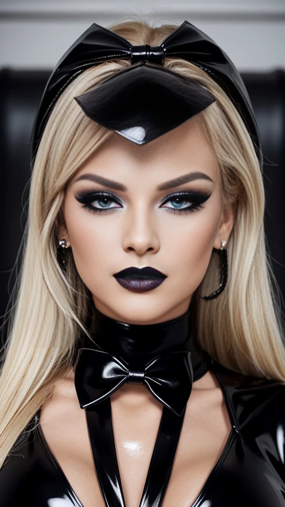 Very sexy girl, Alex Less, Detailed Lips, Detailed Eyes, detailed eyelashes, detailed face, blonde hair, earnings, nose pressing, seduction eyes, ((black make-up)), black, eye liner, lipstick, full body shot, body focus, ((wearing latex dress)),(( long tie)), Detailed fabric, 