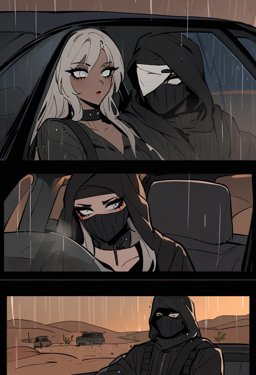 Male arab modern terrorist, terrorist, black balaclava, black bandage, white  eyes, black clothes, thin waist, femboy, light skin, makeup, black eyeliner, big eyelashes, black eyeshadow, choker, inside the car, desert, night, rain, hetero duo, 1girl, brown long hair girl, girl without a mask, makeup, cowgirl pose