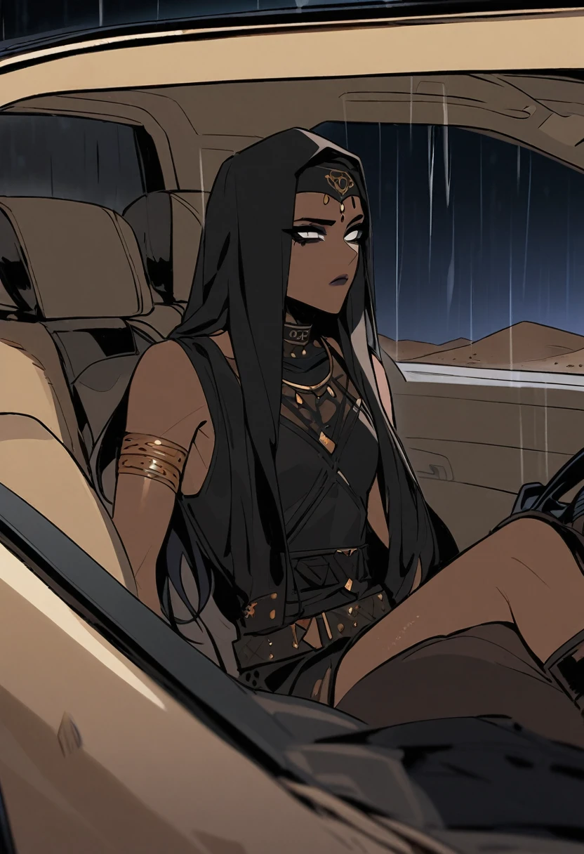 Male arab modern terrorist, terrorist, black balaclava, black bandage, white eyes, black clothes, thin waist, femboy, light skin, makeup, black eyeliner, big eyelashes, black eyeshadow, choker, inside the car, desert, night, rain, hetero duo, 1girl, brown long hair girl, girl without a mask, makeup, she sits on him