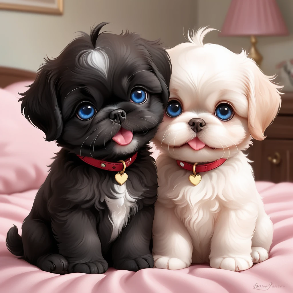 Two adorable cartoon-style black Shih Tzu puppies sitting in a cute pose. They have large, expressive blue eyes and a happy, open-mouthed smile. The puppy's ears are pointed and slightly pink on the inside. They are wearing red collars with a small gold tag. The fur is detailed and plush, giving the kitten a soft and cuddly appearance. The background is a simple, light pastel color to keep the focus on the puppy. The lighting is soft, adding a gentle glow to the scene.