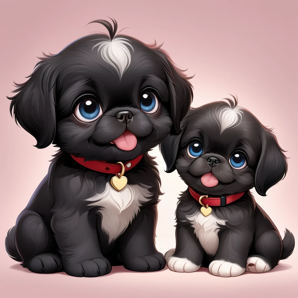 Two adorable cartoon-style black Shih Tzu puppies sitting in a cute pose. They have large, expressive blue eyes and a happy, open-mouthed smile. The puppy's ears are pointed and slightly pink on the inside. They are wearing red collars with a small gold tag. The fur is detailed and plush, giving the kitten a soft and cuddly appearance. The background is a simple, light pastel color to keep the focus on the puppy. The lighting is soft, adding a gentle glow to the scene.