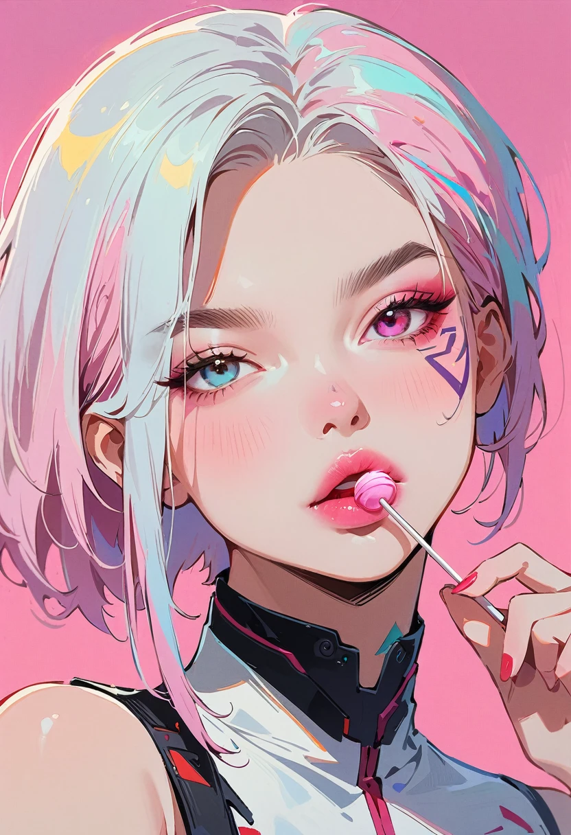 (masterpiece, best quality:1.2), 1 girl, 独奏, Anime style, Heterochromia, Eating a lollipop, lips pink, Cyberpunk style makeup, Asymmetrical short hair, Asymmetrical short hairstyle, Long bangs on one side, Purple and pink background.