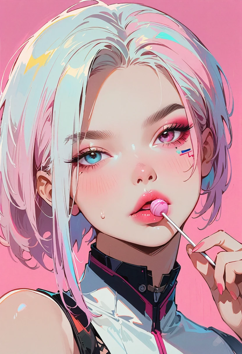 (masterpiece, best quality:1.2), 1 girl, 独奏, Anime style, Heterochromia, Eating a lollipop, lips pink, Cyberpunk style makeup, Asymmetrical short hair, Asymmetrical short hairstyle, Long bangs on one side, Purple and pink background.