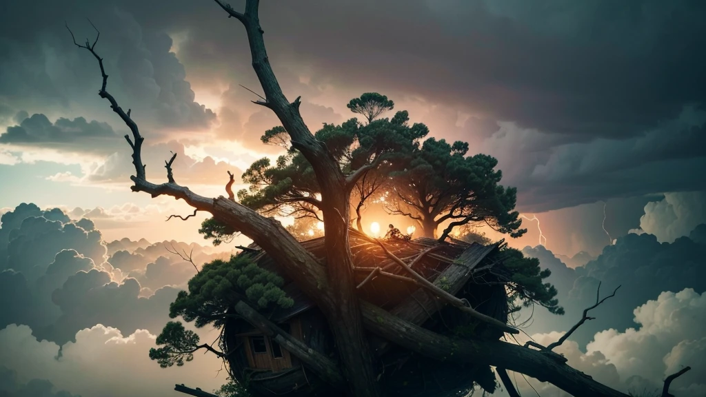 Create a close-up image of a forest during a severe storm, with broken branches and leaves being blown away by strong winds. In the center of the image, also in close-up, depict a nest with a mother bird calmly sitting over her chicks, conveying a sense of peace and tranquility amidst the chaos of the storm. The scene should clearly illustrate the concept of "Peace in the Midst of Chaos," showing the contrast between the violent storm and the calmness of the nest.