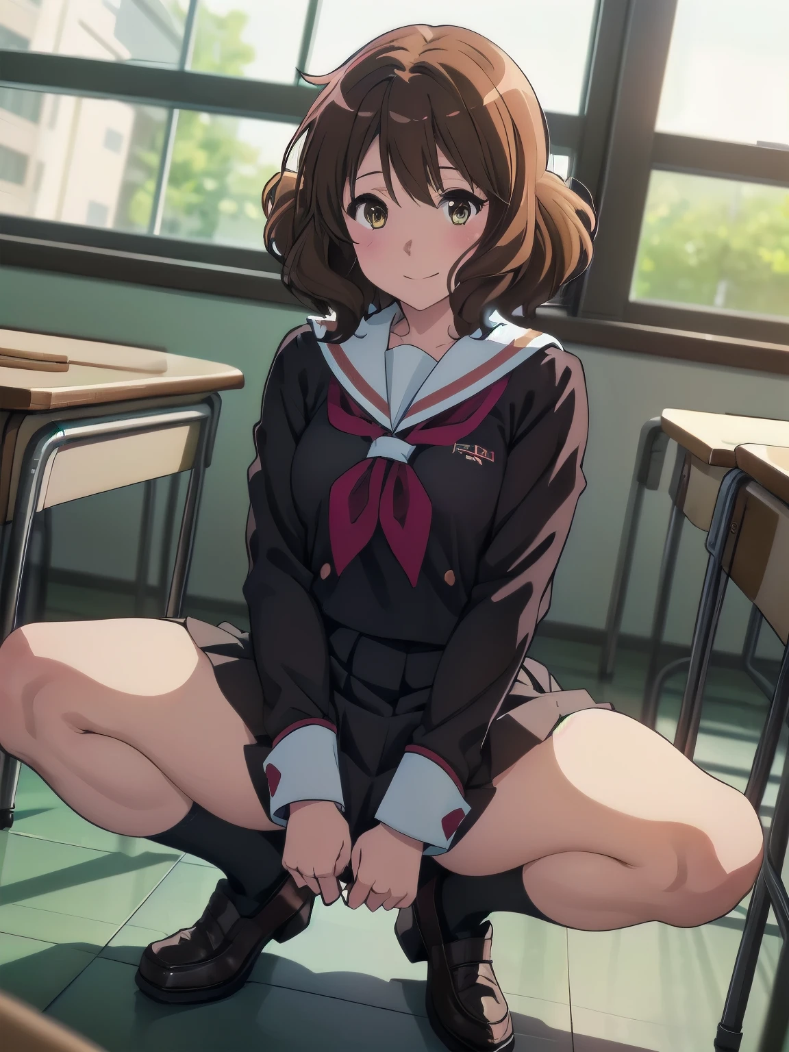 (Realistic, photo Realistic:1.2), ((Highest quality)), Shift the center of gravity backwards, Quite embarrassing, You_Kumiko_Sound Euphonium, brown_hair, short_hair, brown_eye, blush, Seraphim, 前hair, Bloomers, Gym suit, sports boots, (Sit on the ground:1.4), Place your heels on the ground, (Spread your legs:1.2), 膝をsuperiorげてしゃがむ, Attach your butt to the ground, Black Penny Loafers, Beautiful facial details, Real human skin, Gentle expression, Front view, angle From below, Realistic, photoRealistic, Squatting in the schoolyard, whole body, (Looking at the audience:1.2), from before, From below, (Perfect hands, Perfect Anatomy), score_9, score_8_superior, score_7_superior, sauce_anime,
In the middle of nowhere, kumiko oumae, brownのeye, 茶hair, short hair, ウェーブのかかったhair, smile,
skirt, shirt, Long sleeve, , pleated skirt, Seraphim, neckerchief, brown skirt, White sailor collar, brown shirt, Kitauji High , red neckerchief,
indoor, classroom, corridor, Sitting, Chair, machine,
View your viewers, Cowboy Shot, Dutch Angle, Dynamic pose,  (Perfect hands, Perfect Anatomy), 