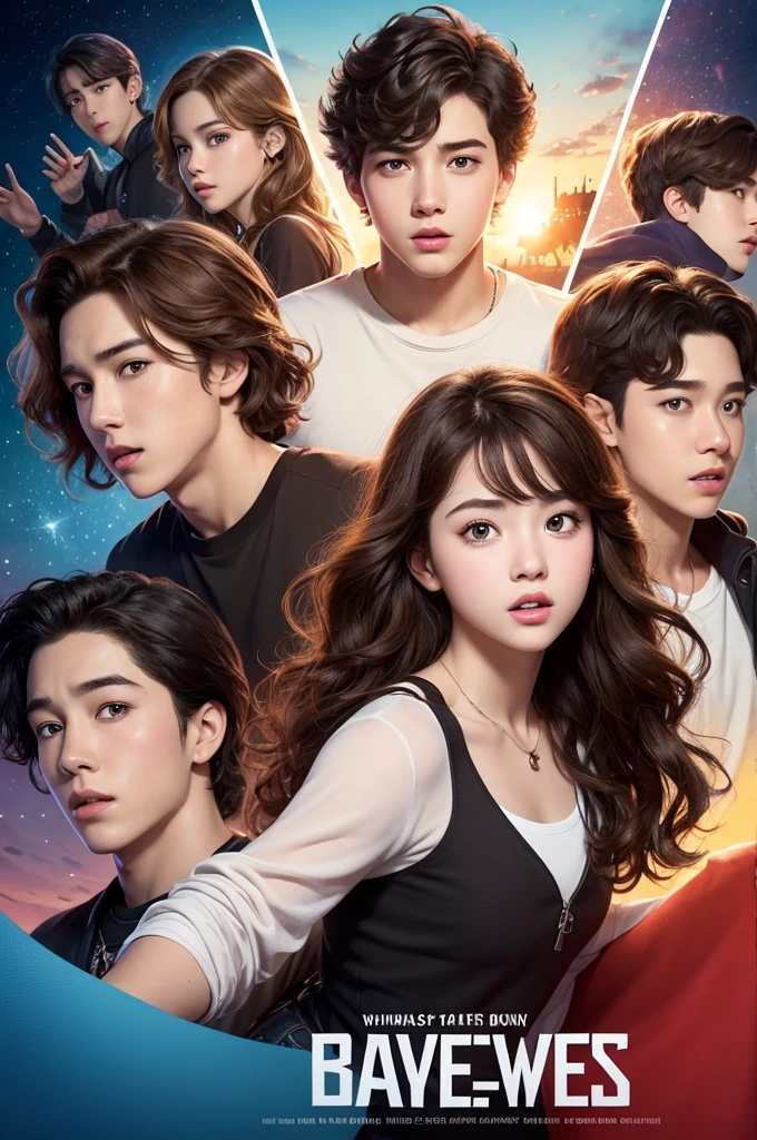 create a disney-pixar movie poster style image, a white-skinned teenager, with wavy brown hair and dark brown eyes,  and the BTS boys are with her