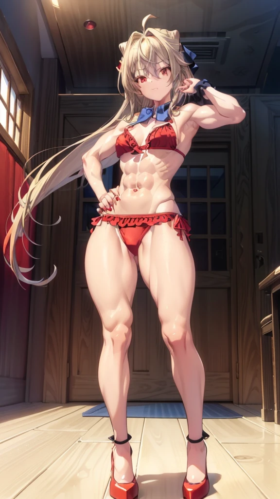 (((1 lolita girl))), when he plows, (Red eyes: 1.5), blond hair, Long hair, conical hair bun, hair ornament, hair shots, Ahoge, fringe, blue bow tie, (Wearing a very ???? and short red ??????), has, (muscular belly), muscular abs, Wide ????, Thin waist, small ???????, (((posing ????))), wearing black heels, (((standing)) ), {{{Full body photo}}}, Cheerful and funny, REST looking at the viewer , breaking and entering, classroom, interval (masterpiece: 1.2), Best Quality, highest resolution, unity wallpaper 8k, (illustration: 0.8), (beautiful detailed eyes: 1, 6), extremely detailed face, perfect lighting, Extremely detailed CG, (perfect red nails, perfect ???????), {anatomically correct}