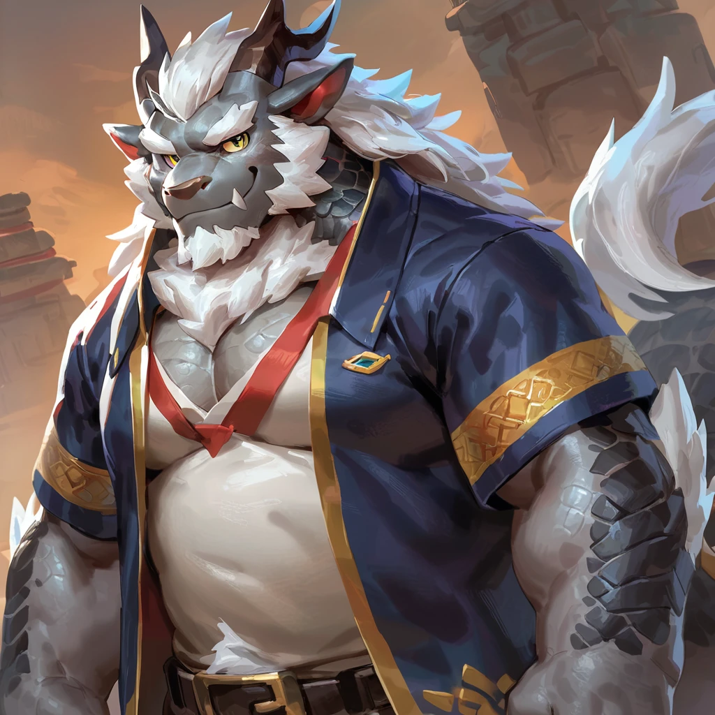 (artist: gamma_g, lindong, null-ghost, dangpa) 1male, sfw, eastern dragon, character design, bara, one fluffy tail, old man, fluffy mane, perfect eyes, grey body, white hair, background, solo, scales, detailed scales, golden decals, casual western clothes, sharp short ears, yellow iris, white sclera, big eyes, white beard, sharp iris, thick thighs, muscular legs, veiny, fluffy hair, detailed face:2.0, one tail, masterpiece:2.0, sharp fang, perfect eyes, smug, chest fluff, (SuperQuality:1.0) ~ (SuperQuality:1.2)